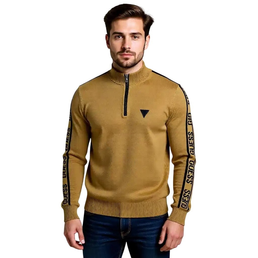 Guess Los Angeles Mens Logo Tape Quarter Zip Cotton Sweater Tan Camel Size L NWT